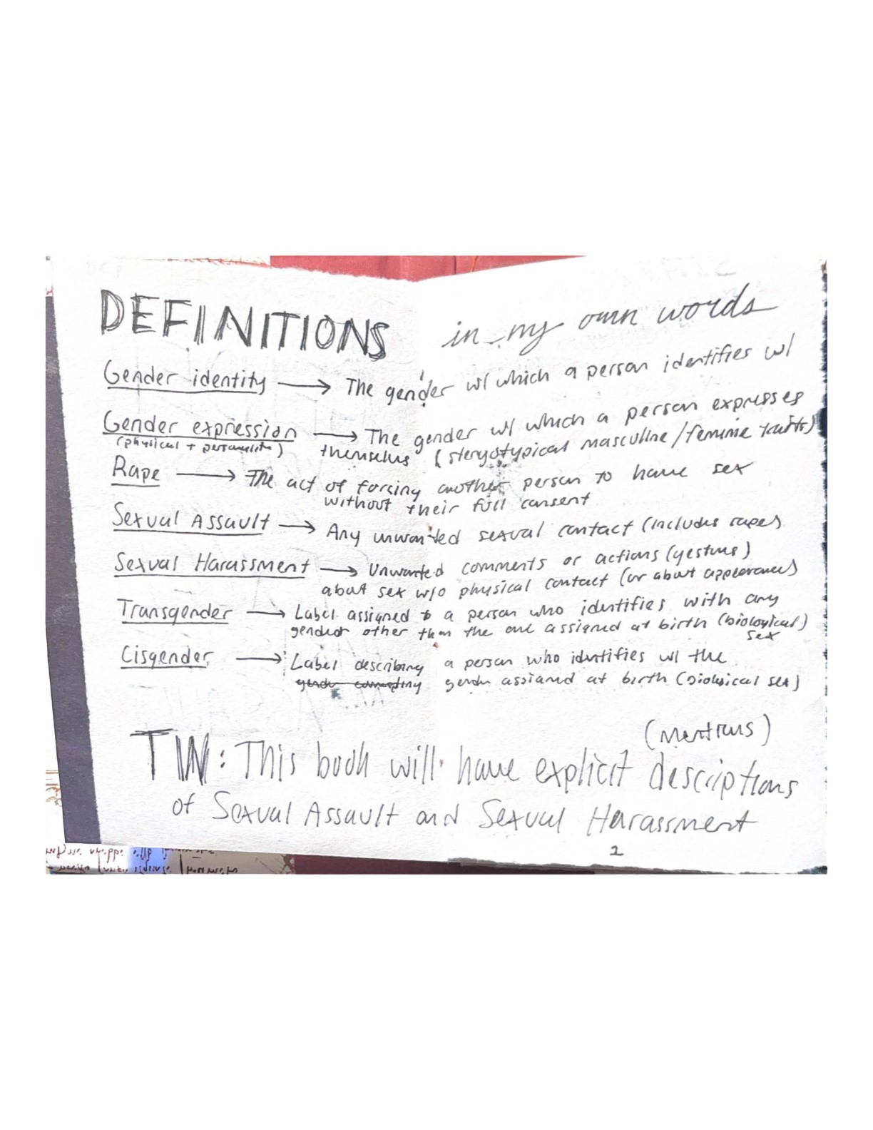 Definitions in my own words. Gender identity: The gender with which a person identifies with. Gender expression (physical and personality): The gender with which a person expresses themselves (stereotypical masculine/feminine traits). Rape: The act of forcing another person to have sex without their full consent. Sexual Assault: Any unwanted sexual contact (includes rape). Sexual Harassment: Unwanted comments or actions (gestures) about sex without physical contact (or about appearances). Transgender: Label assigned to a person who identifies with any gender other than the one assigned at birth (biological sex). Cisgender: Label describing a person who identified with the gender assigned at birth (biological sex).
    TW: This book will have explicit (mentrans) descriptions of Sexual Assault and Sexual Harassment.